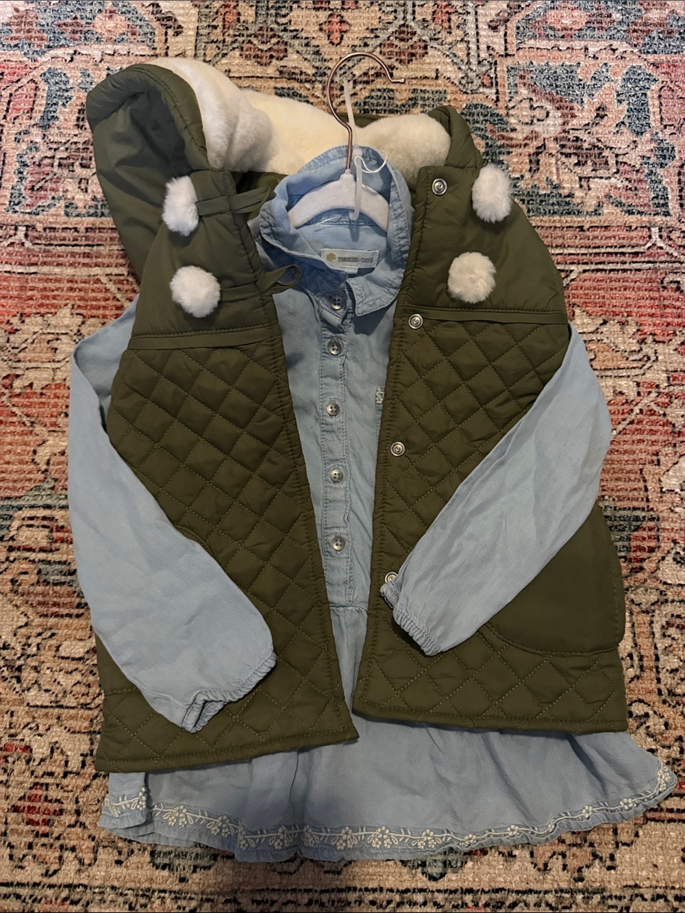 Olive Quilted Hooded Vest with Pom Pom Details